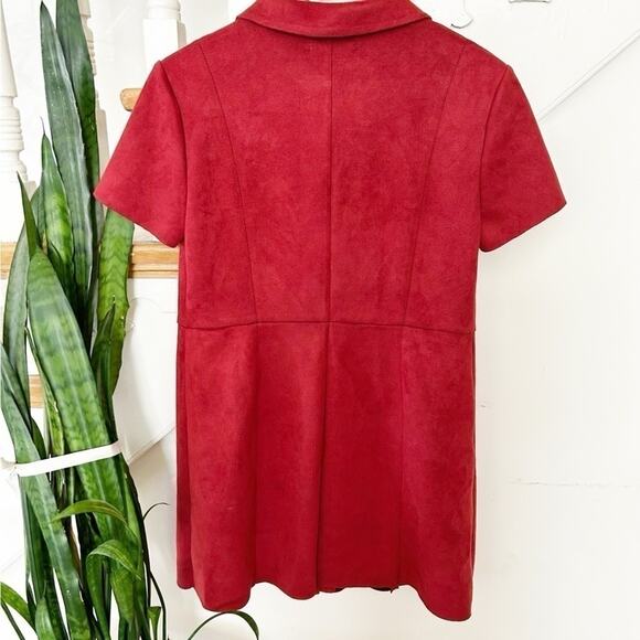 Zara Red Faux Suede Short Sleeve Snap Button Down Mini Shirt Dress Size M - Picture 5 of 5